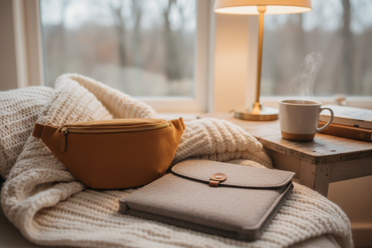 lieu cocooning où on peut retrouver un sac banane, une housse de tablette 